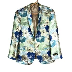 EJ Samuel Italy Blazer Mens 44R Floral Brocade Teal Blue Single Button Elegant